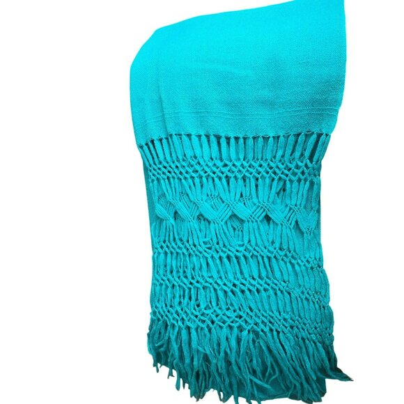 Vintage Teal Woven Shawl With Intricate Macramé Fringe 91x23.5" HS241 - Picture 1 of 6